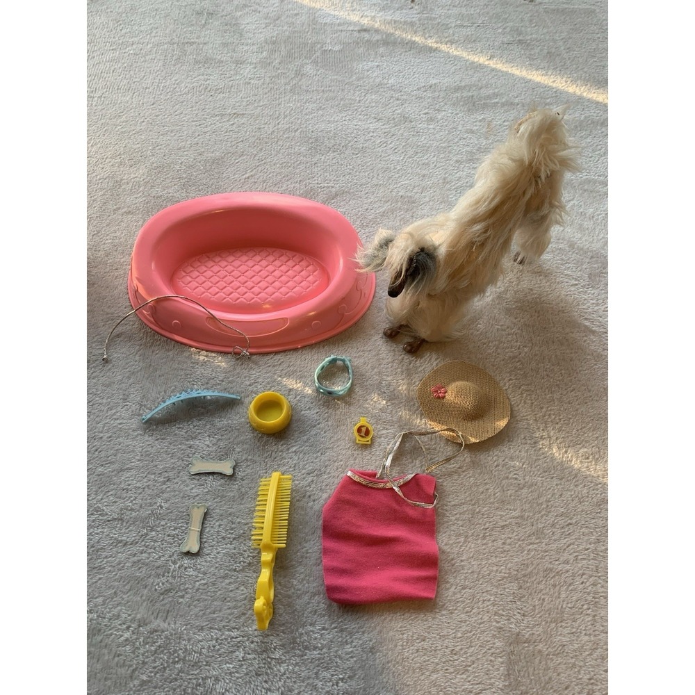 Vintage 1979 Barbie Doll Dog BEAUTY Afghan Hound Collar Pink Bed Bowl Hat Brush